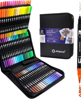 Artecho 72 Colors Markers for Adult Coloring Books, Dual Tip Markers for School, Fine and Brush Tip for Adults Coloring Books, Calligraphy, Drawing, Sketching