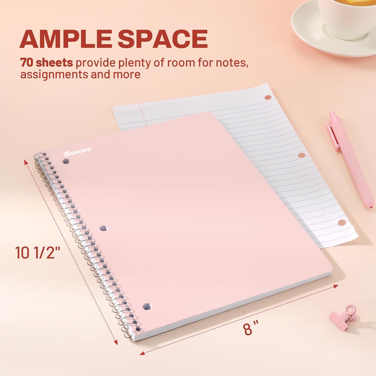 SUNEE Spiral Notebooks, 1-Subject, 5 Pack, College Ruled Paper, 8" x 10-1/2", 70 Sheets per Notebook,3-Hole Punched Paper, Pink,Purple, Blue, Green, Yellow Spiral Lined Notebooks for School,Work - Image 2