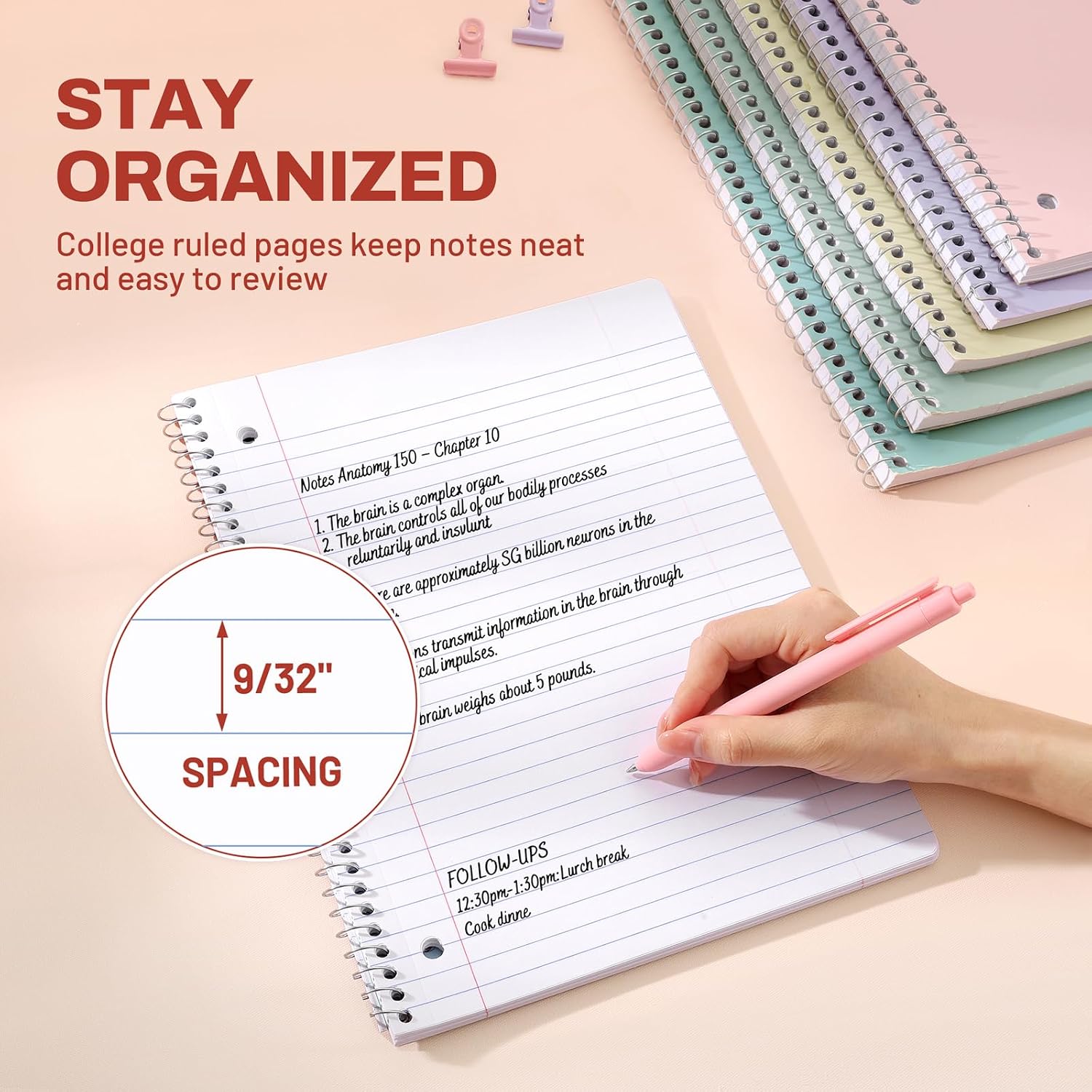 SUNEE Spiral Notebooks, 1-Subject, 5 Pack, College Ruled Paper, 8" x 10-1/2", 70 Sheets per Notebook,3-Hole Punched Paper, Pink,Purple, Blue, Green, Yellow Spiral Lined Notebooks for School,Work - Image 5
