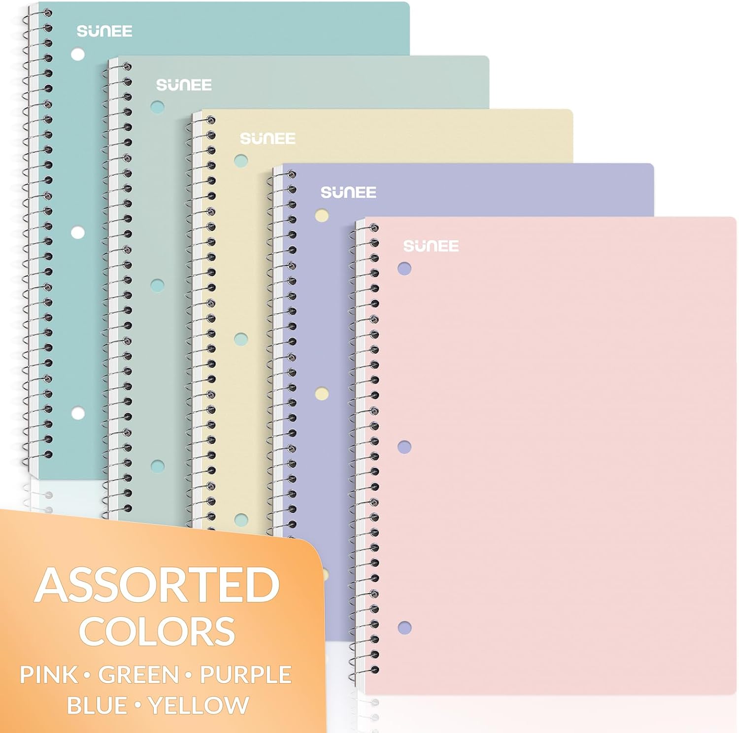 SUNEE Spiral Notebooks, 1-Subject, 5 Pack, College Ruled Paper, 8" x 10-1/2", 70 Sheets per Notebook,3-Hole Punched Paper, Pink,Purple, Blue, Green, Yellow Spiral Lined Notebooks for School,Work - Image 8