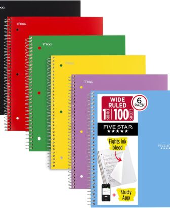 Five Star Spiral Notebook + Study App, 6 Pack, 1 Subject, Wide Ruled Paper, 8" x 10-1/2", 100 Sheets, Fights Ink Bleed, Water Resistant Cover, Assorted Colors (38042)